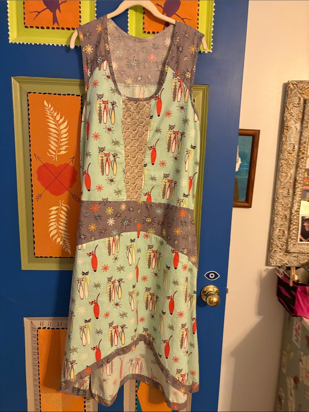 Tina Givens Home Sewn Mixed Media Atomic Cats Dress/Jumper Medium 10